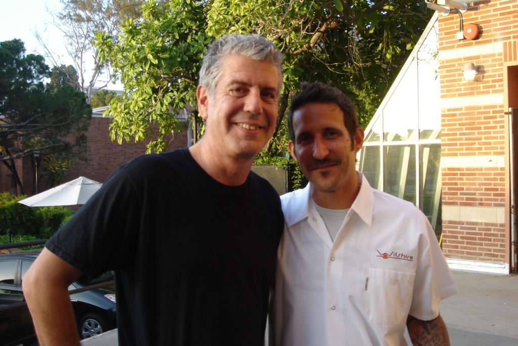 Anthony Bourdain and Chef Andrew Kirschner (Tar & Roses) backstage at UCLA Royce Hall, 2010